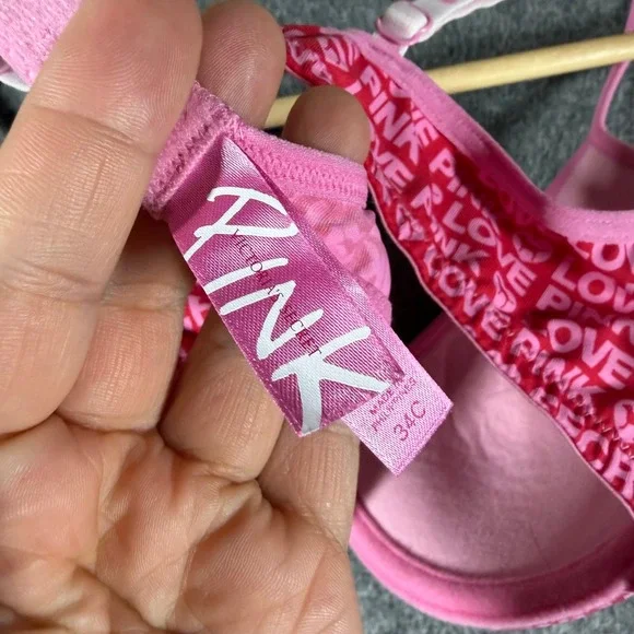 Y2K Victorias Secret PINK Logo Print Underwire Bra Pink White 34C - Picture 3 of 7